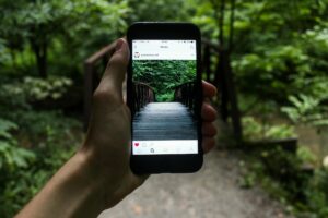 person holding smartphone taking picture of bridge during daytime