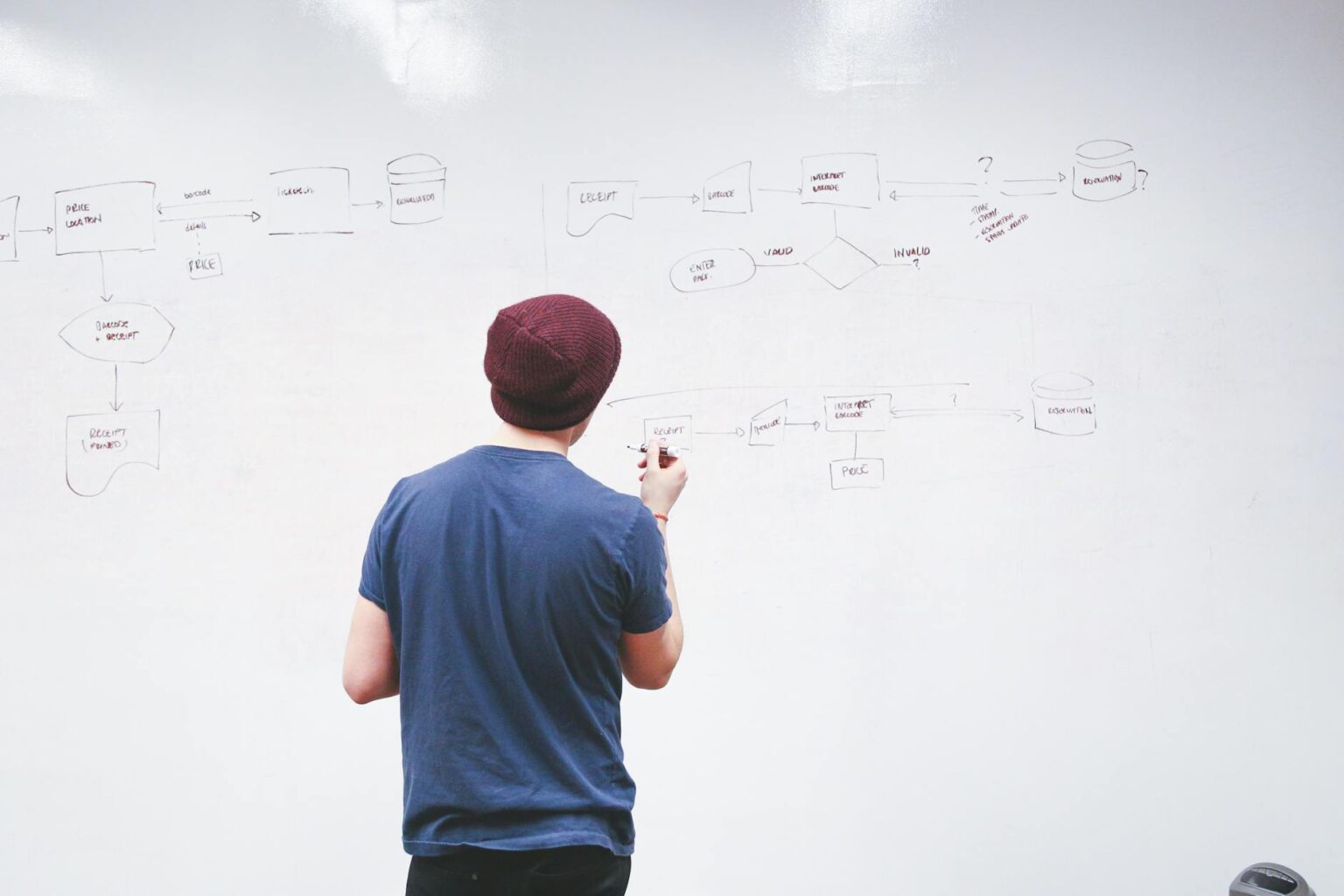 man standing while holding red marker pen facing marker board